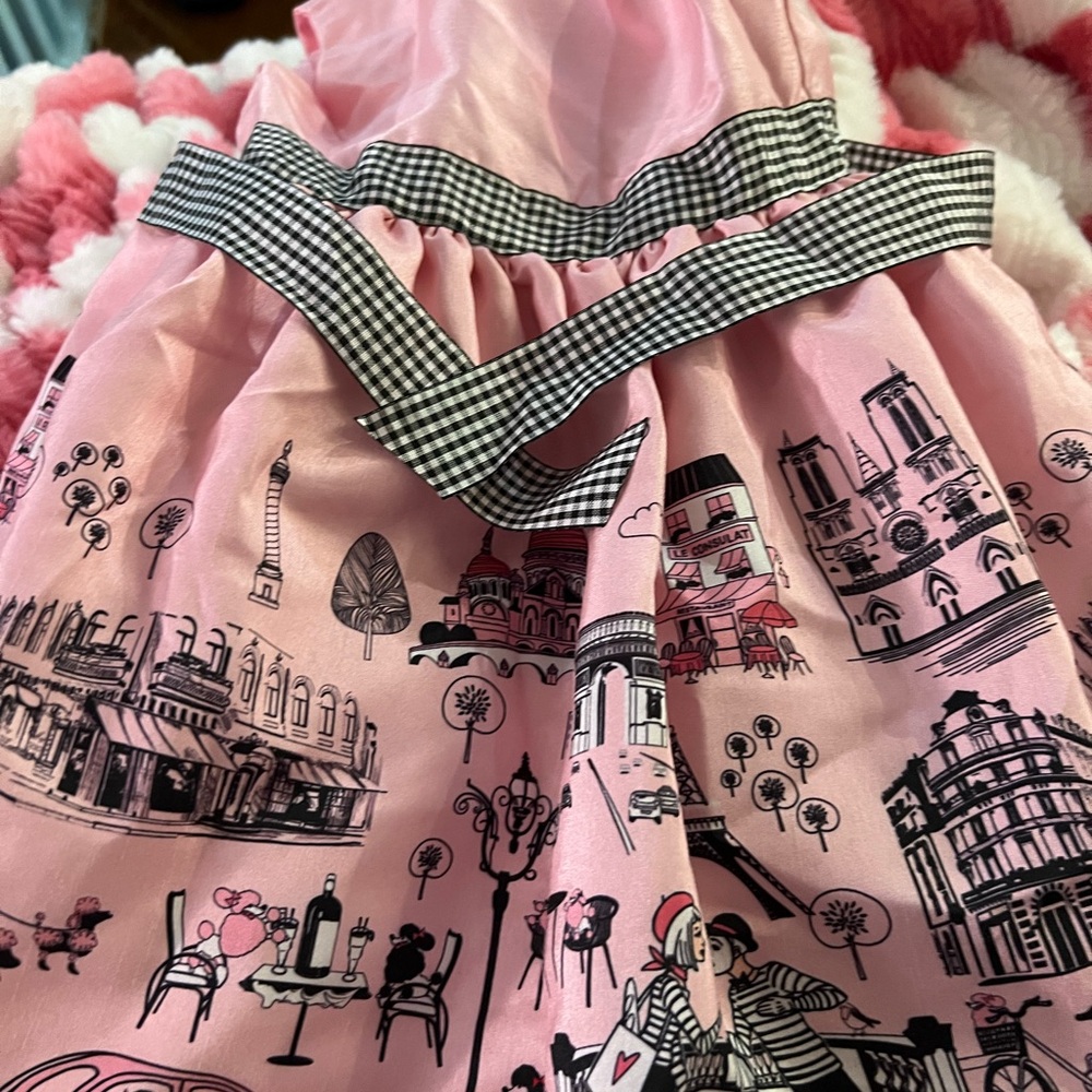 Pink Parisian Print Dress with Gingham Trim